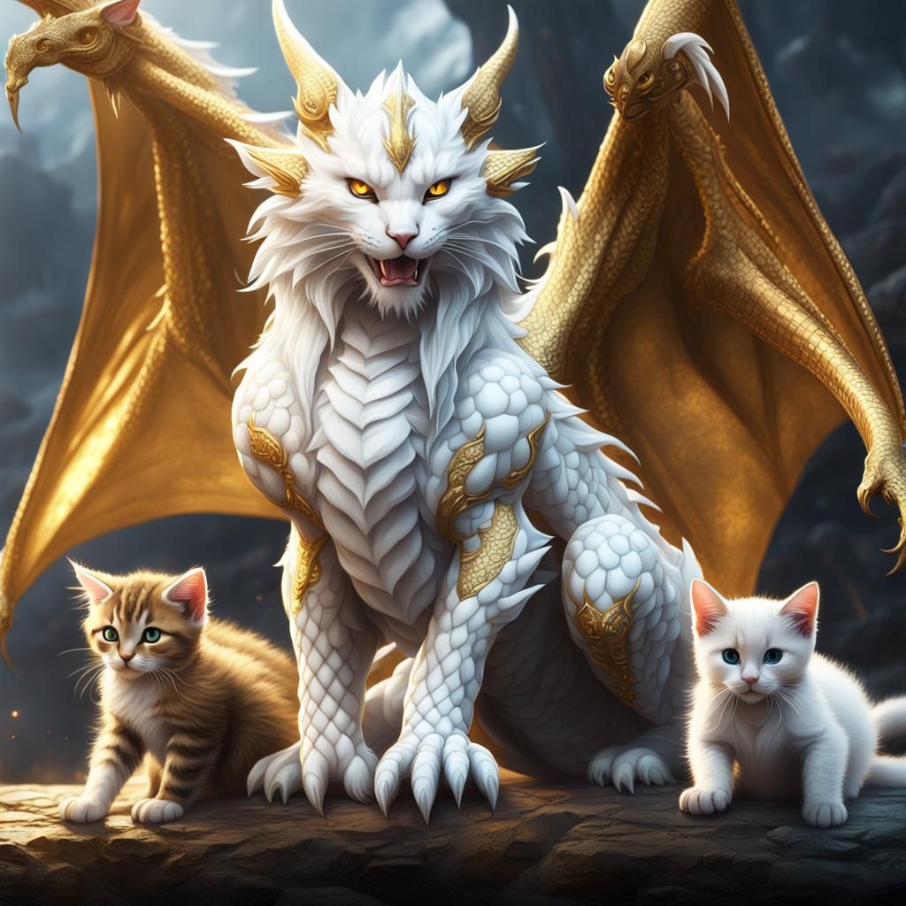 Protective Golden Dragon with Kittens: Fantasy Art