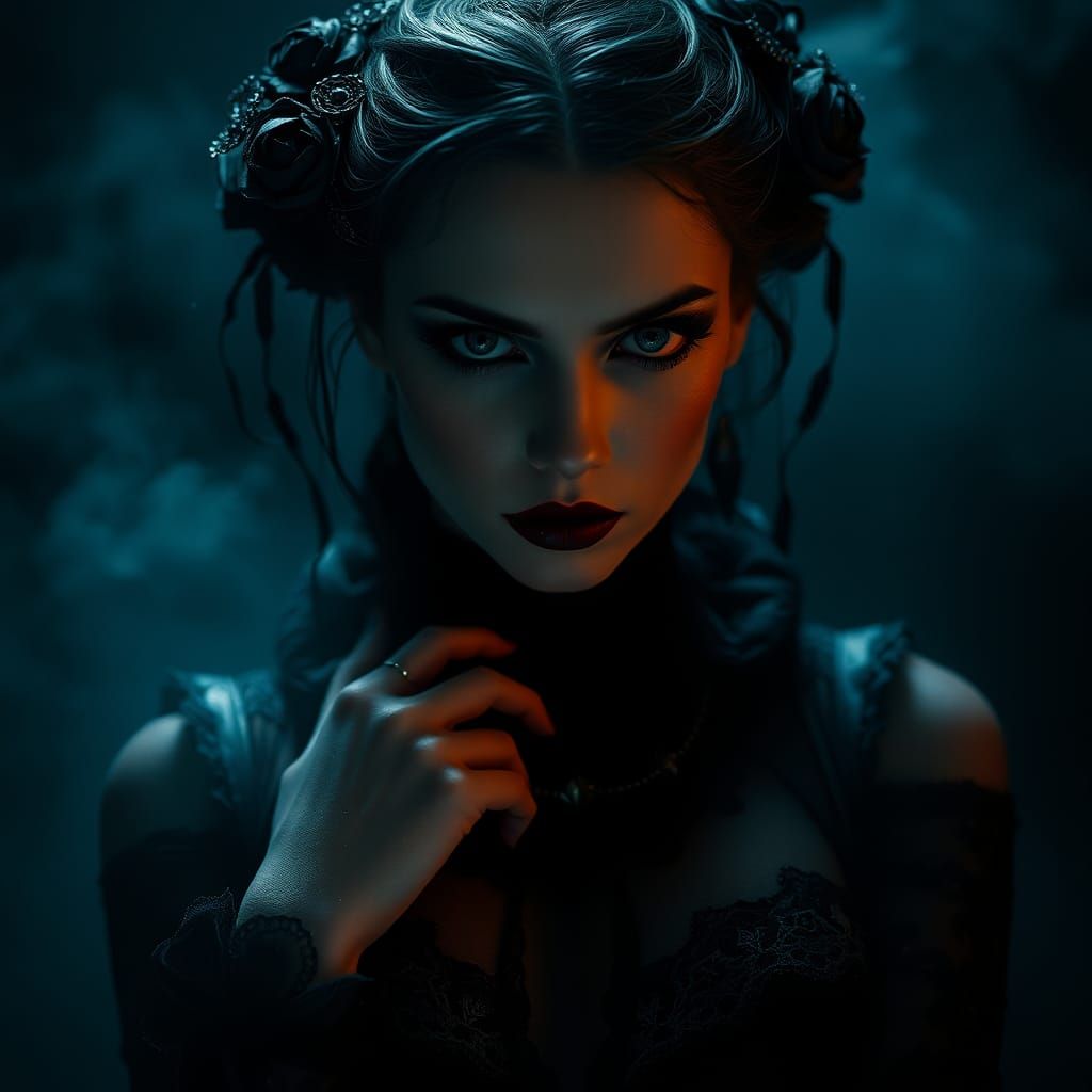 Gothic Femme Fatale in Eerie Mist, Dark Fantasy Portrait