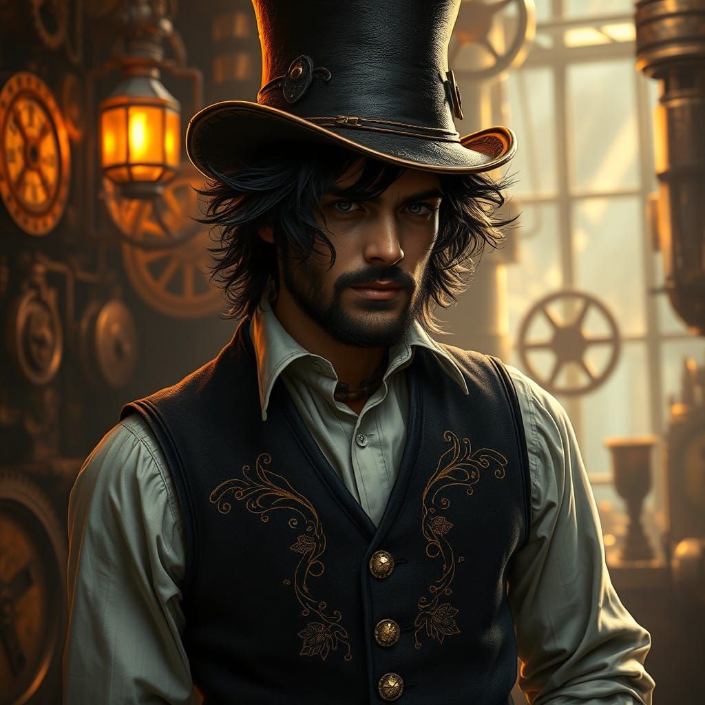 Steampunk Gentleman in Industrial Fantasy Landscape