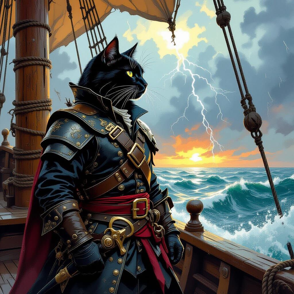 Armored Black Cat Pirate Ship Illustration