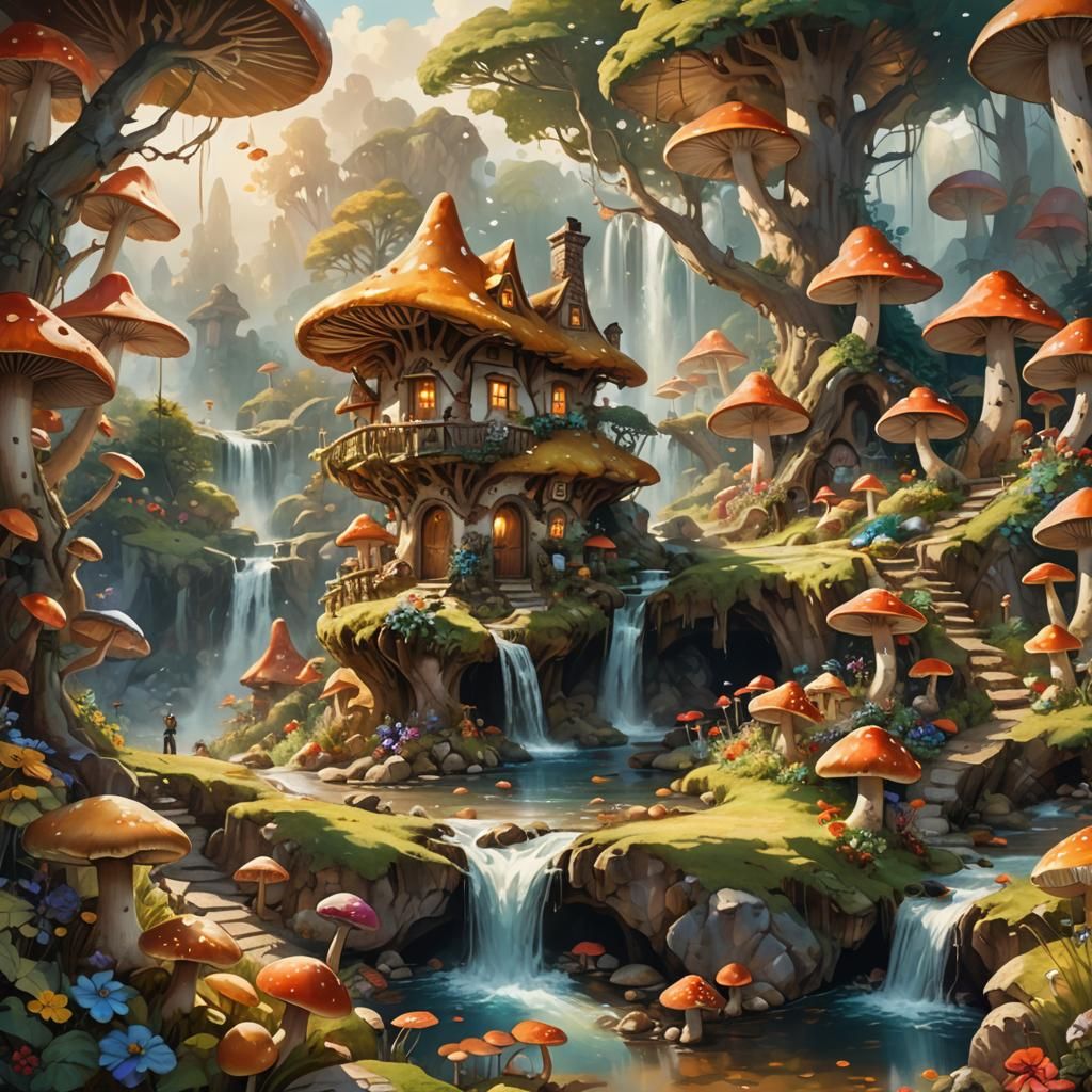 Enchanted Mushroom Village in Fantasy Oil Painting