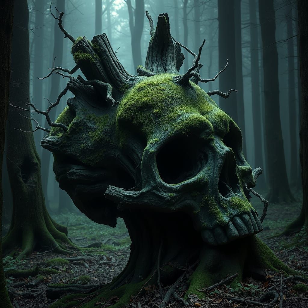Ancient Skull Tree in Dark Haunted Forest