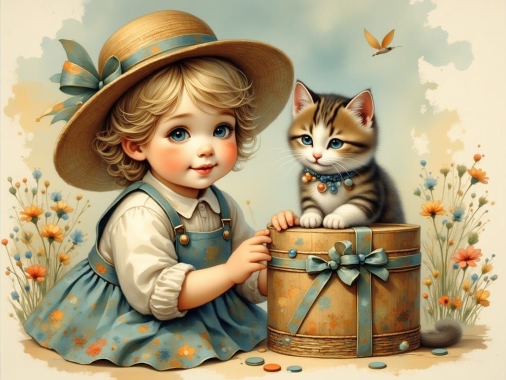 Whimsical Child Surprised by Adorable Feline Gift