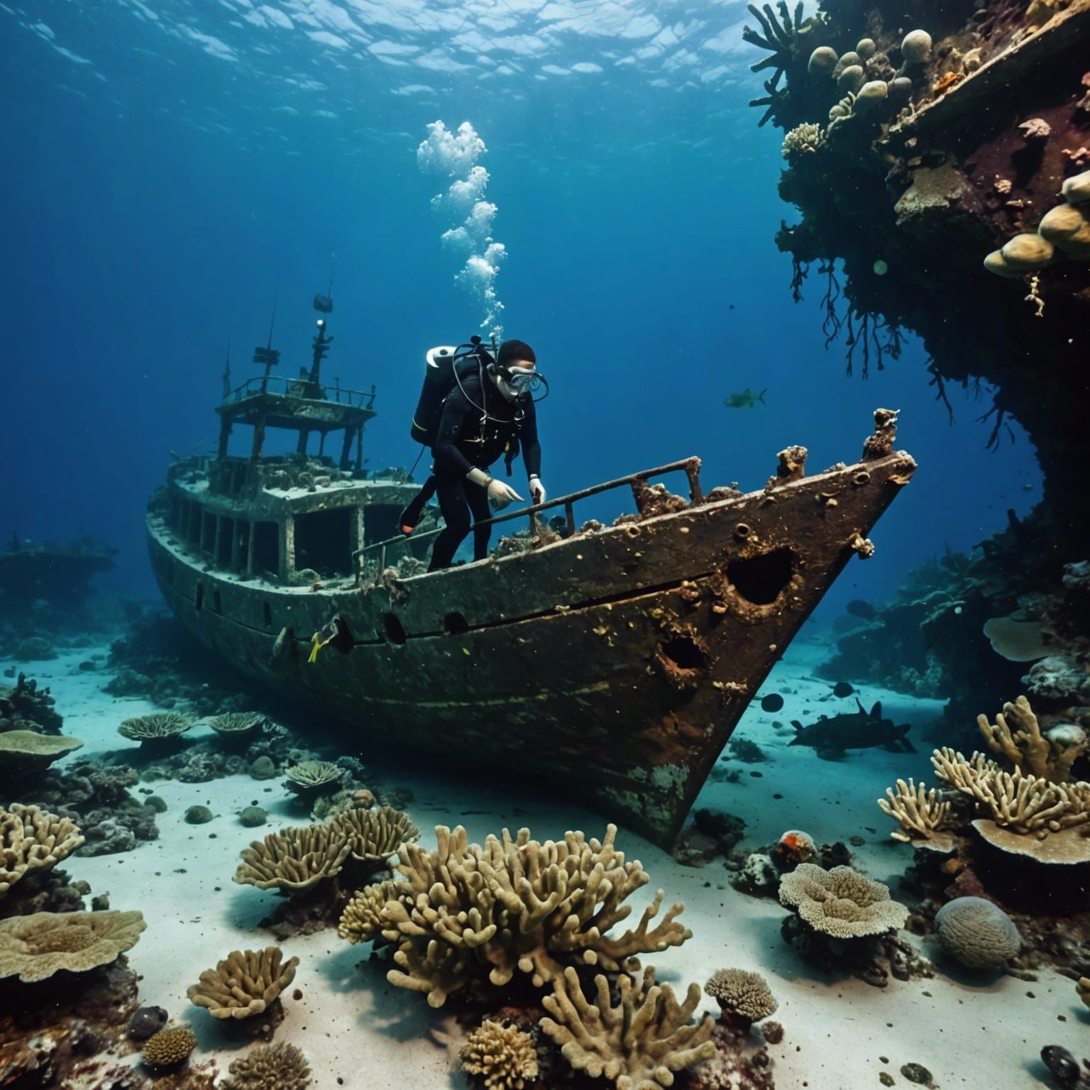 A diver find a Old Rotten shipwreck on the bottom of the sea