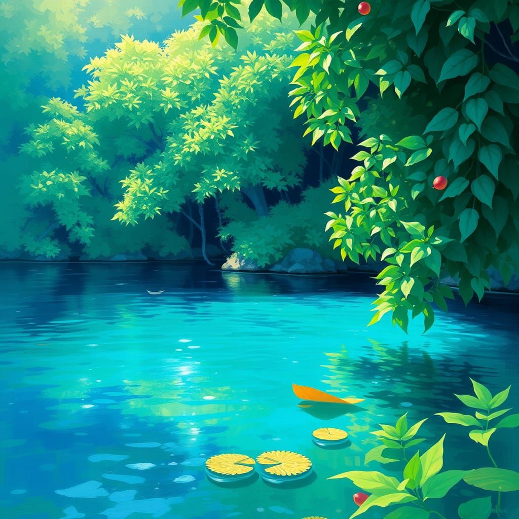 Impressionist Landscape with Green Foliage and Blue Waters