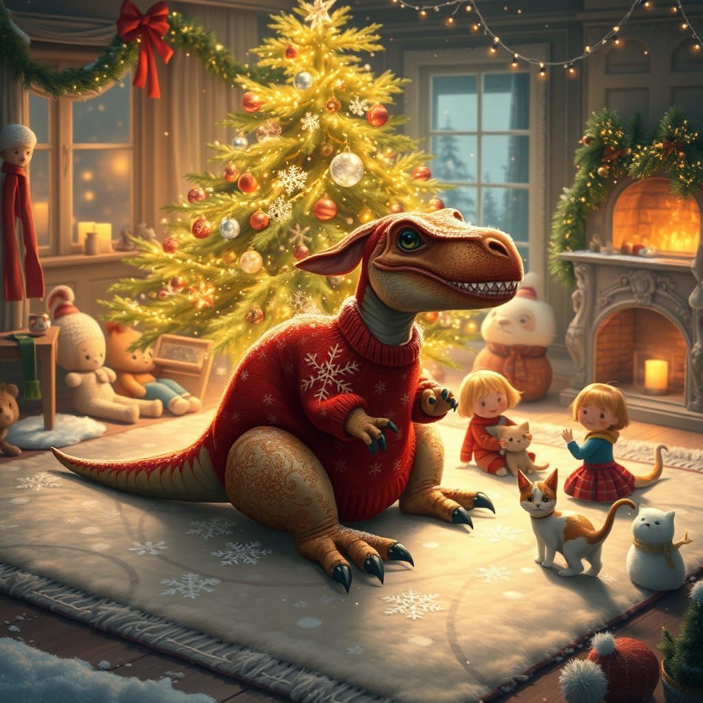 Fantastical Dinosaur Surrounded by Children and Christmas Ma...