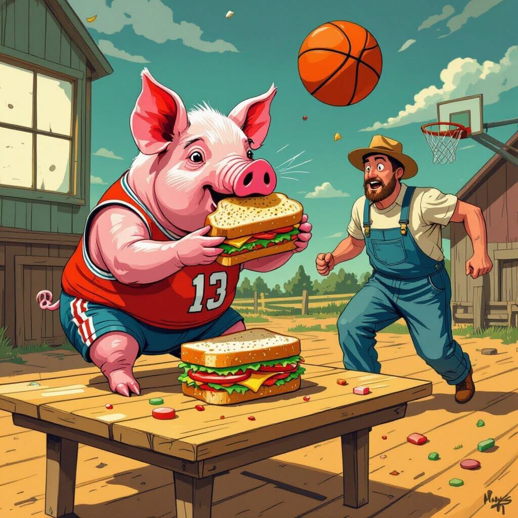 Pig Playing Basketball and Eating While Farmer Chases