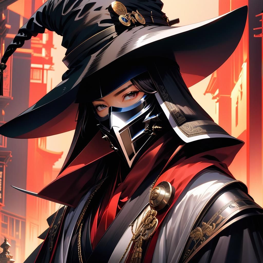 Plague Doctor Samurai Portrait in Anime Style
