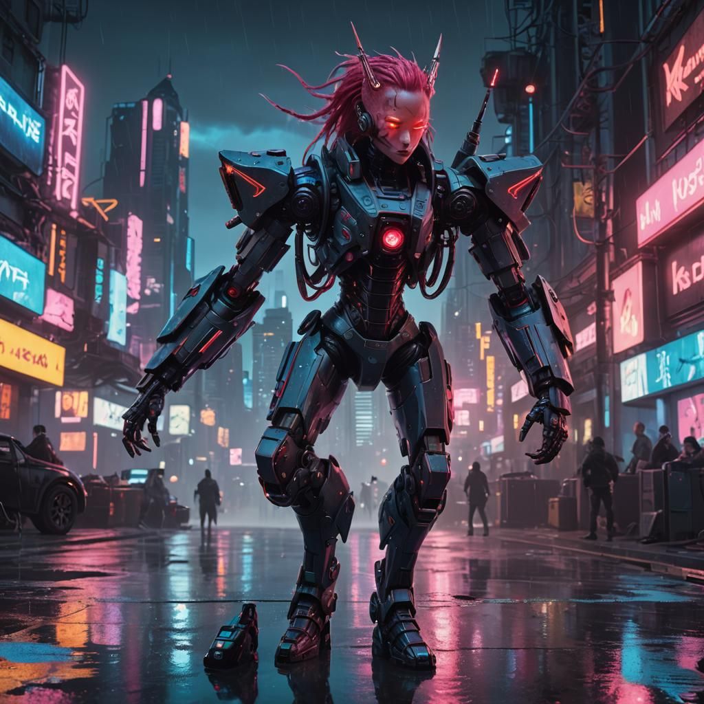 Cyberpunk Woman with Robot in Neon Cityscape