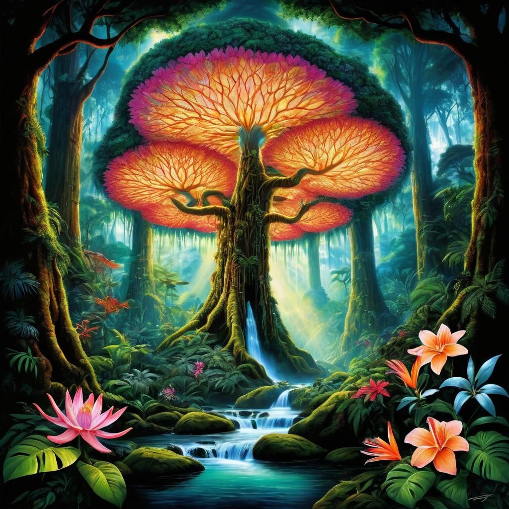 Lush Rainforest Tree of Life in Mixed Media