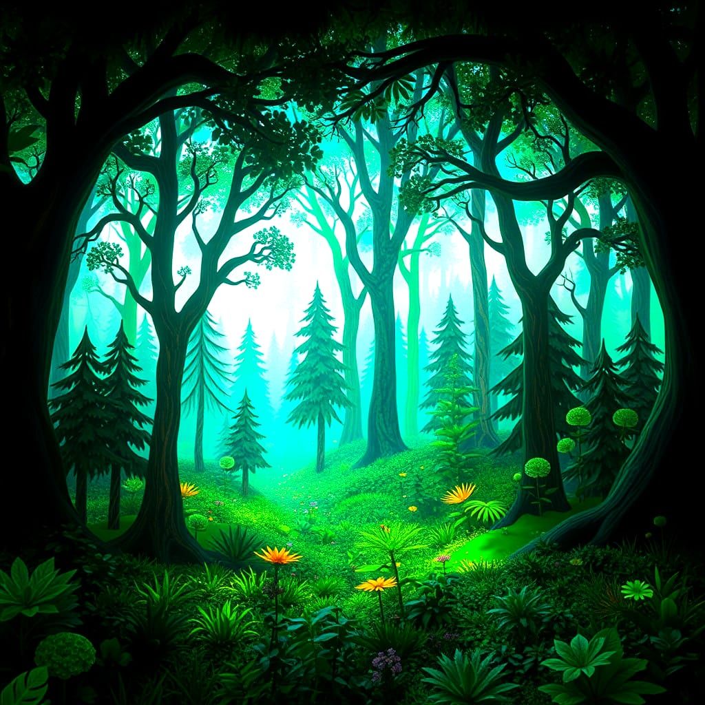 Luminous Stained Glass Forest in Hyperreal 3D