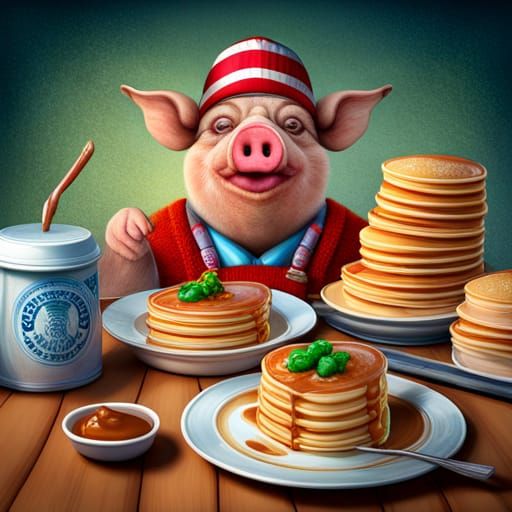 Cute adorable anthropomorphic pig eating Bacon and eggs, and a stack of pancakes, 3d, intricately detailed,  Splash art ...