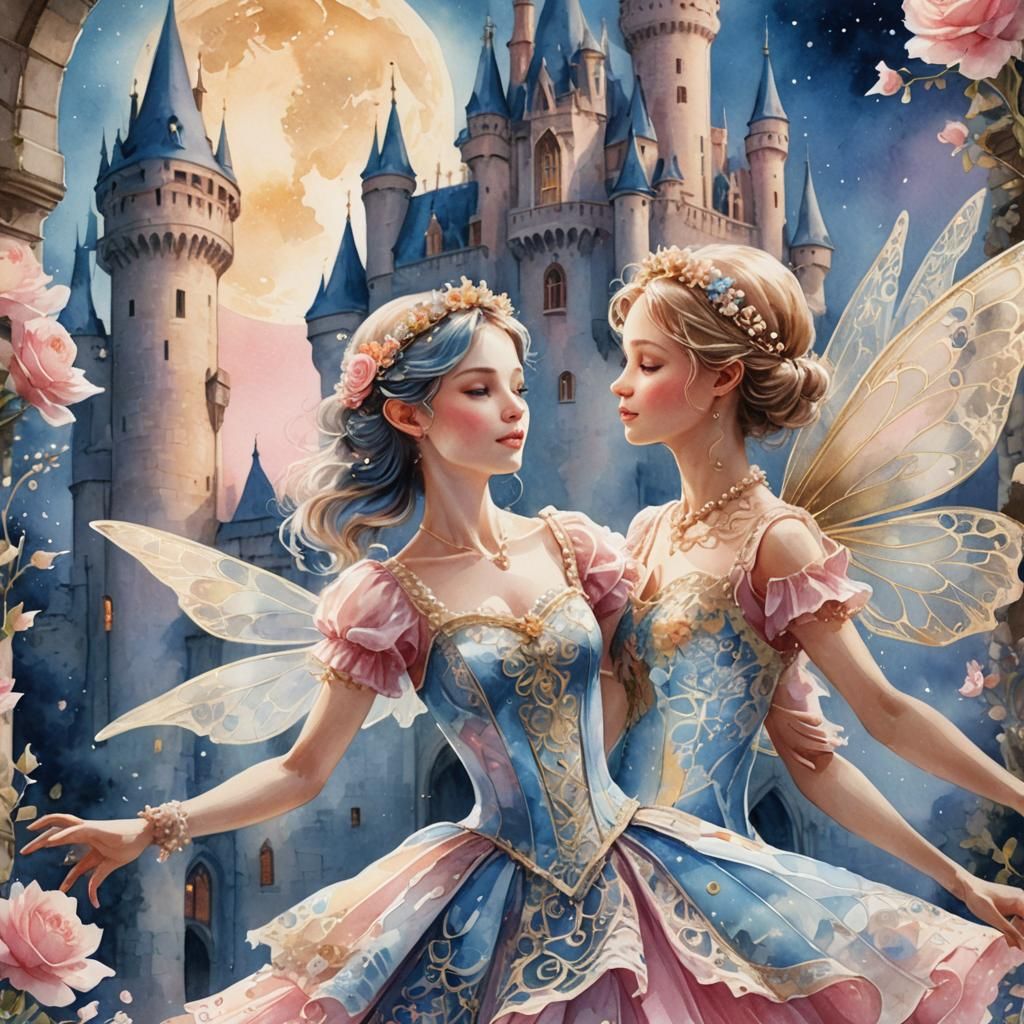 Fairies Dancing in Moonlight, as Watercolor Splash Art