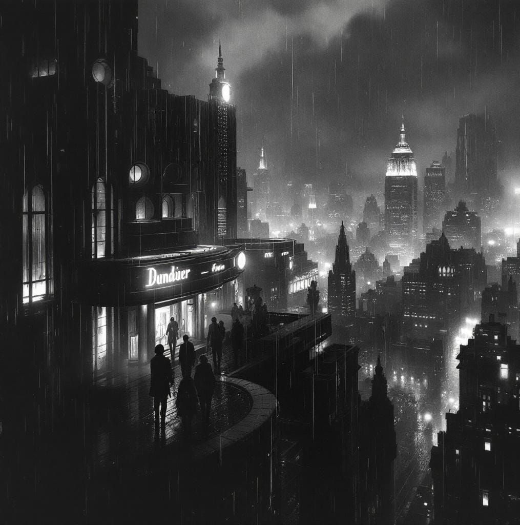 Moody Film Noir Cityscape in Art Deco Style