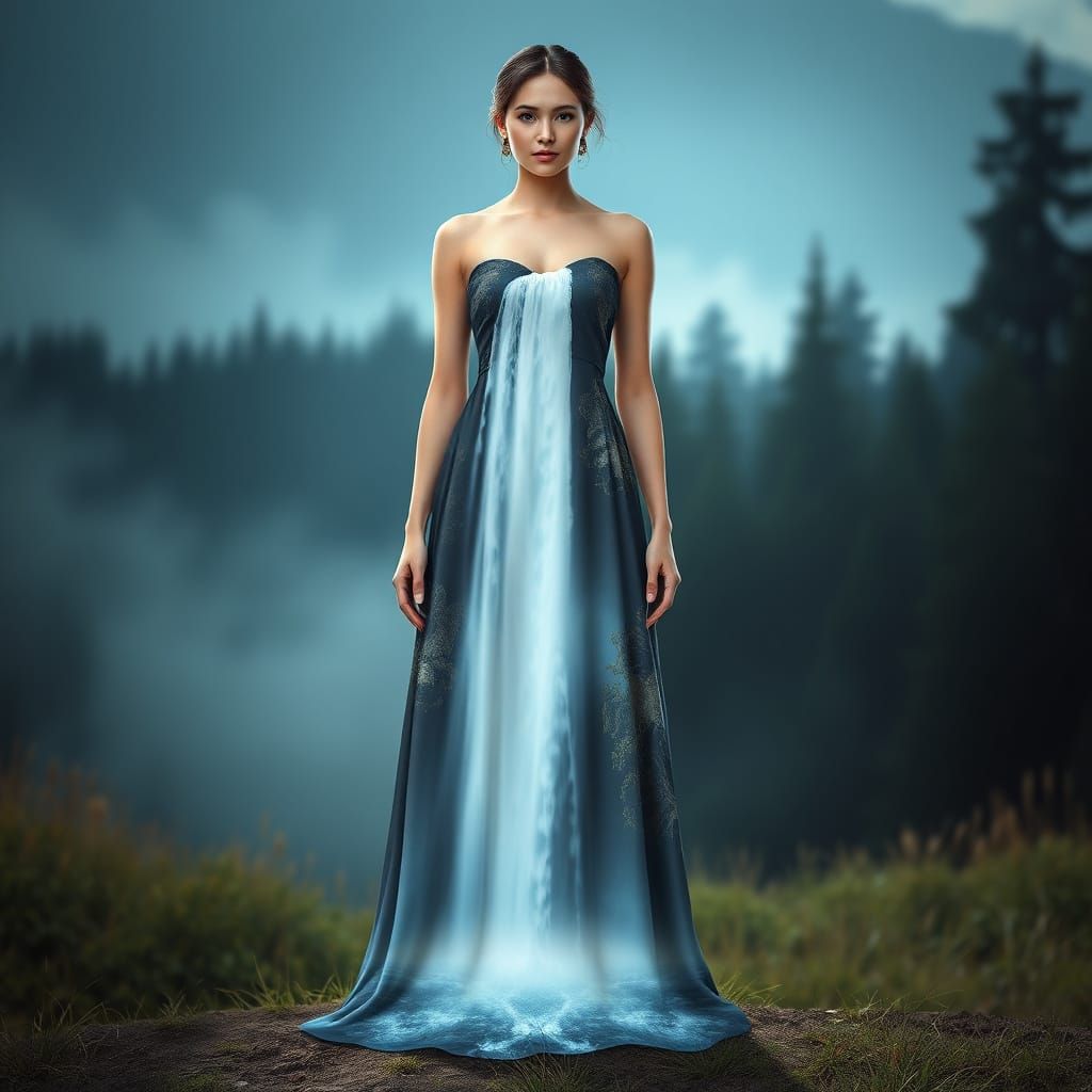 Woman in Waterfall Dress: Detailed Matte Painting