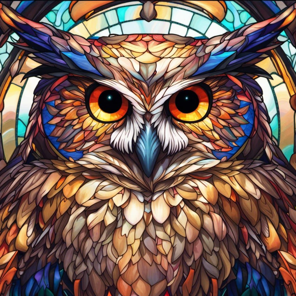 Mystical Owl in Stained Glass Portrait