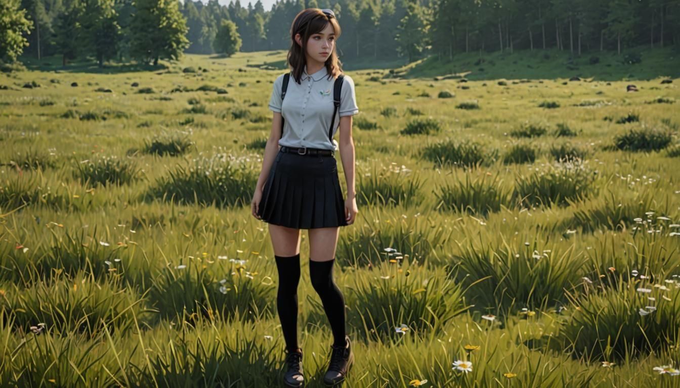 Girl in Meadow, Photorealistic Style