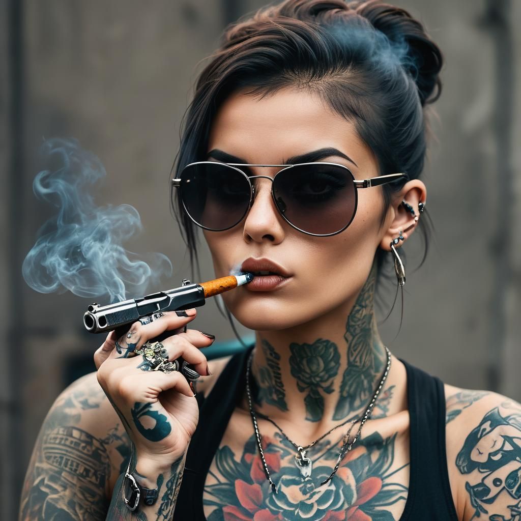 Badass Woman with Gun, Cigarette and Tattoos