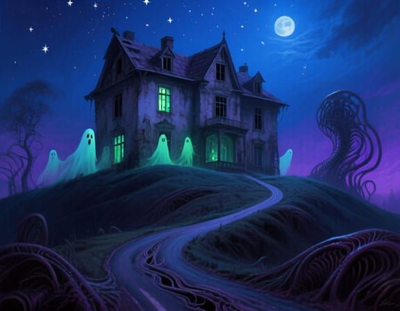 Gothic Horror Manor on Hilltop at Night