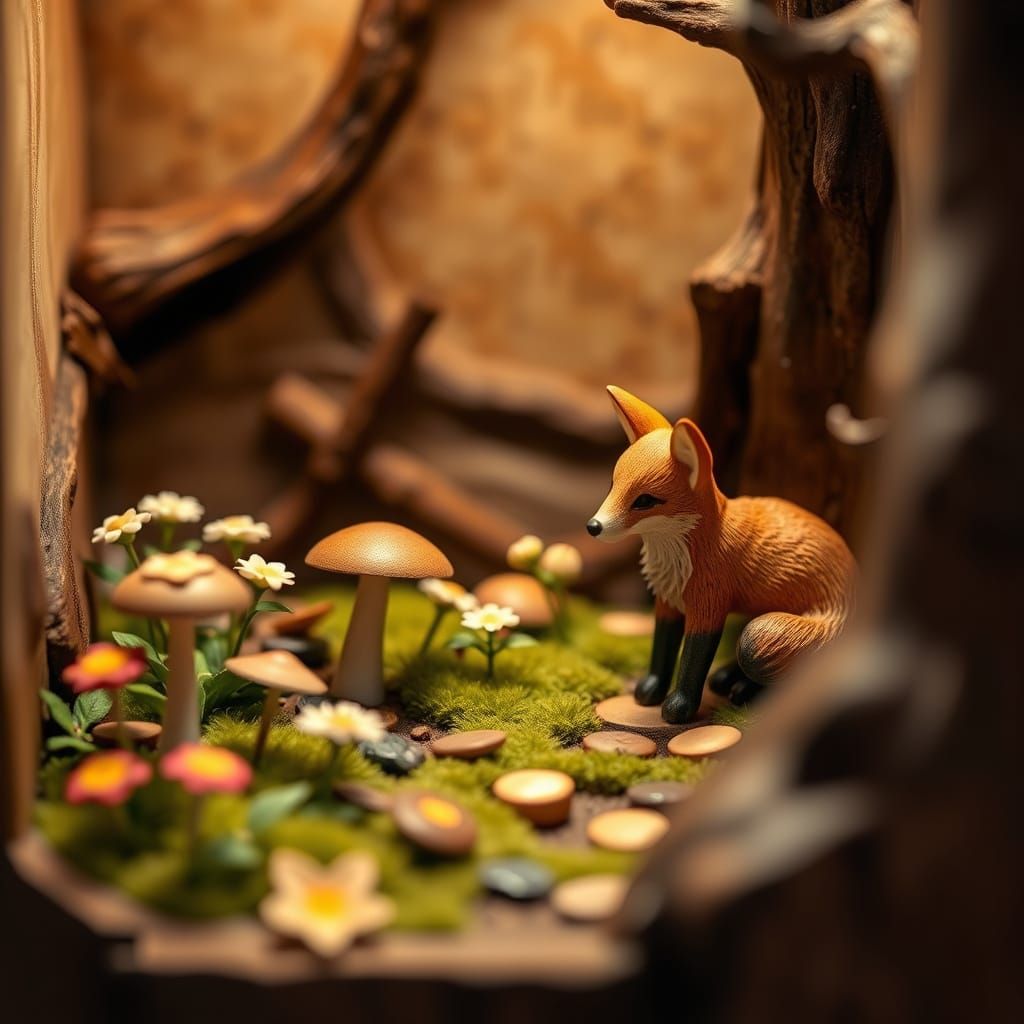 Miniature Wooden Diorama with Fox and Toadstools