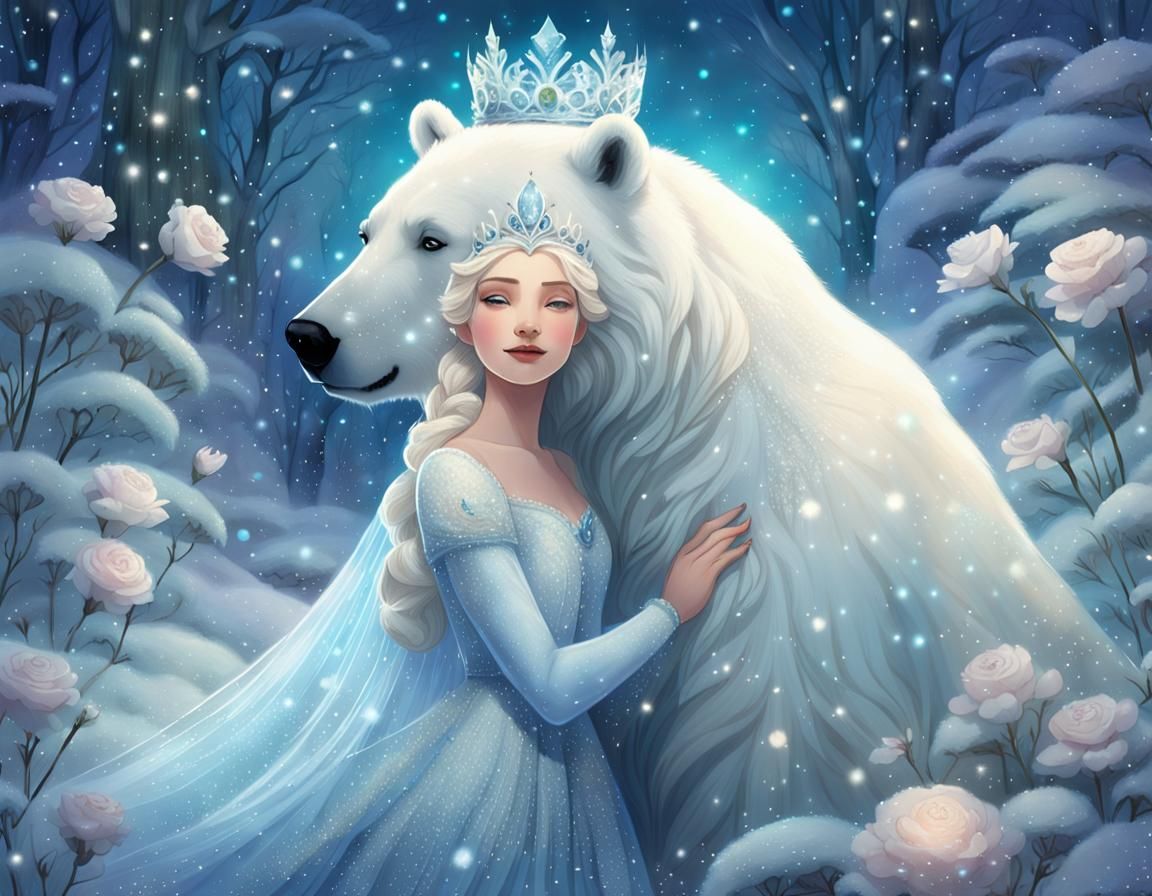 Snow Queen and Polar Bear in Winter Wonderland