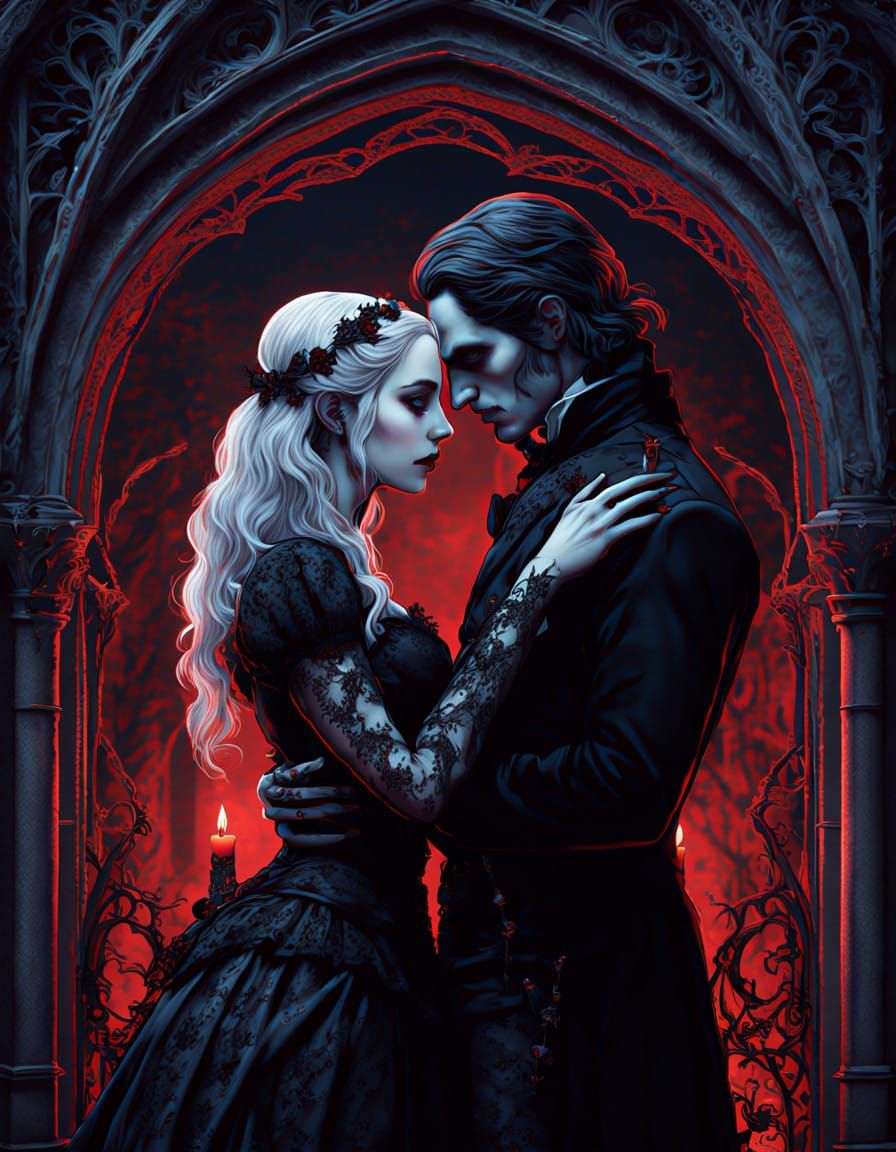 Gothic Vampire Couple in a Haunting Tarot Card Archway