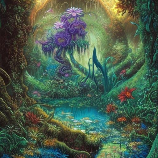 High Gothic Water Garden in Comic Book Style