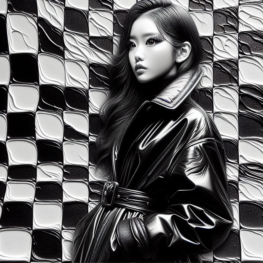 East-Asian Girl in Leather Coat on Cracked Checkerboard