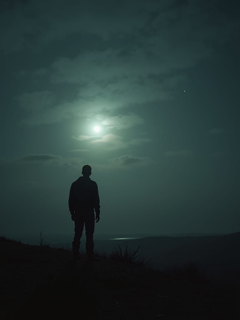 Ominous Figure in Moonlit Landscape: Cinematic Film Still