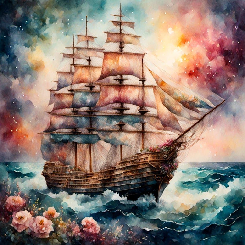 Ornate Sea Ship in Watercolor Mosaic Style