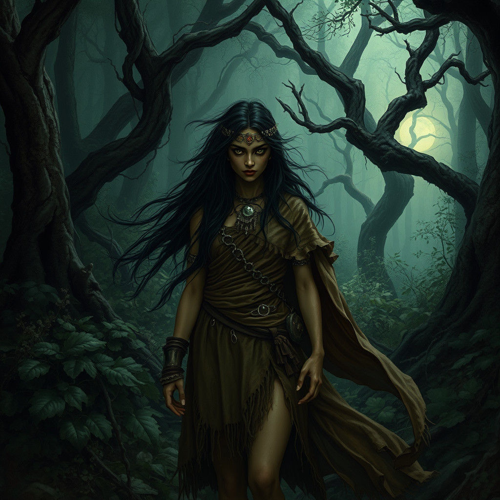 Grimdark Pocahontas in Eerie Forest, Fantasy Art