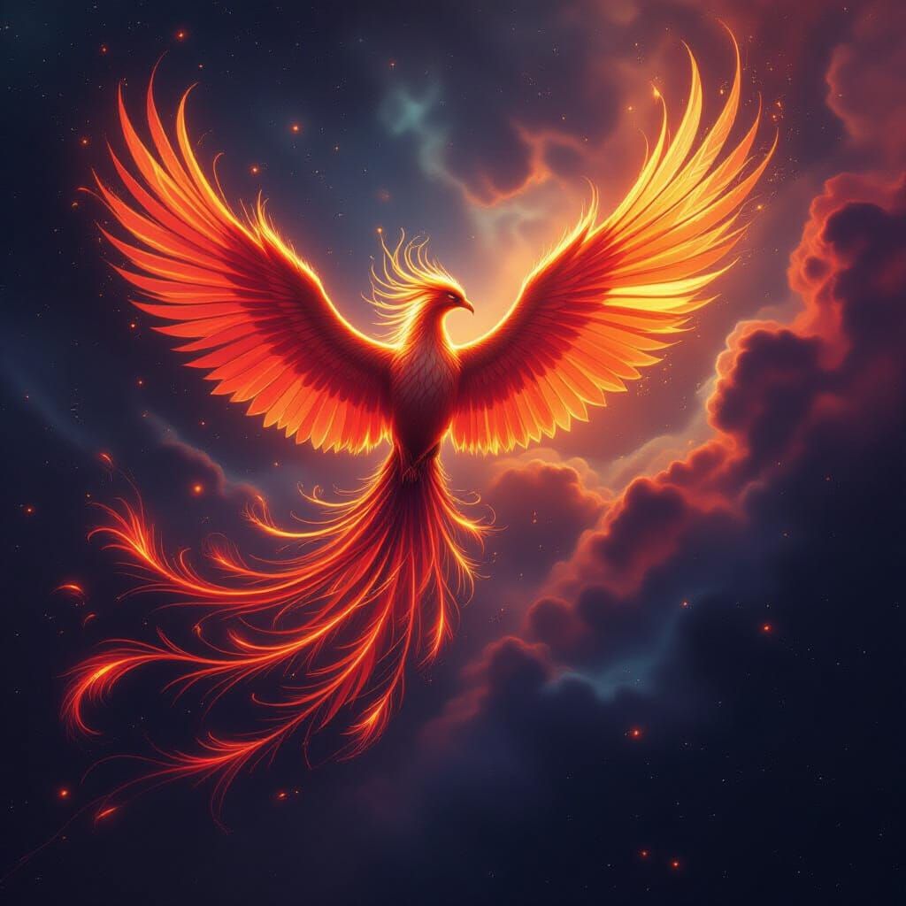 Majestic Phoenix Soars Through Cosmic Nebula in Hyperrealist...