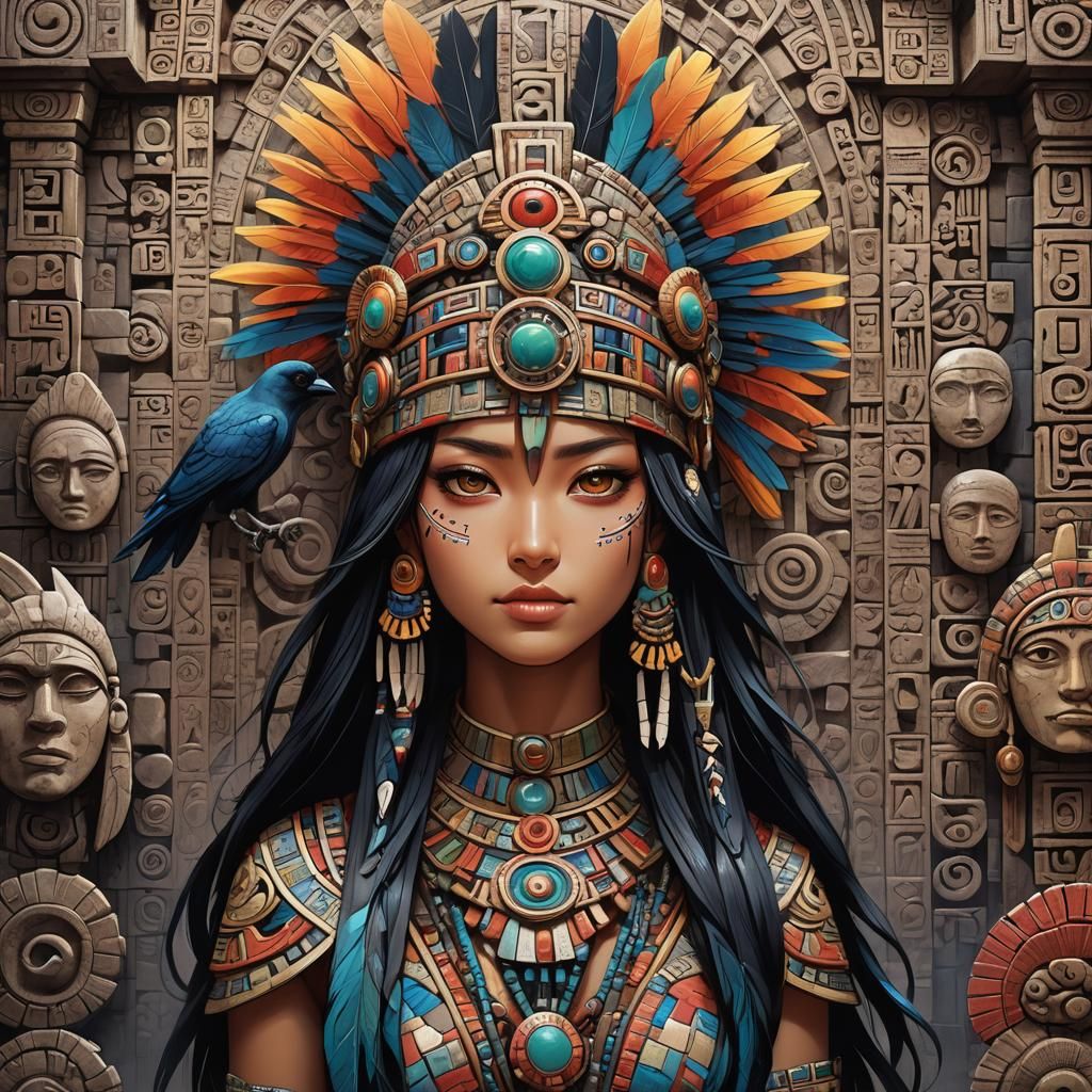 Aztec Girl with Maya Headdress in Anime Style