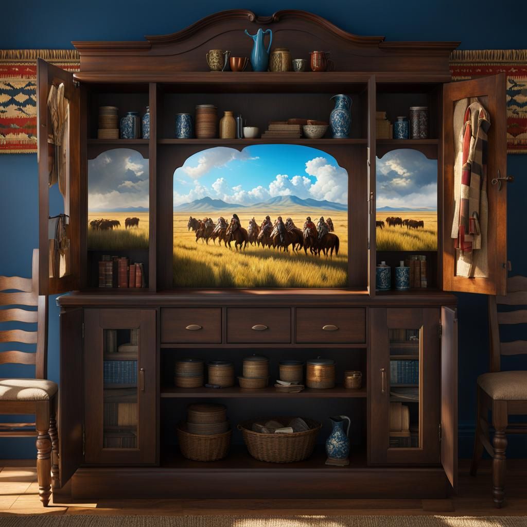 Native Americans Hunting Bison in Dining Room Cupboard