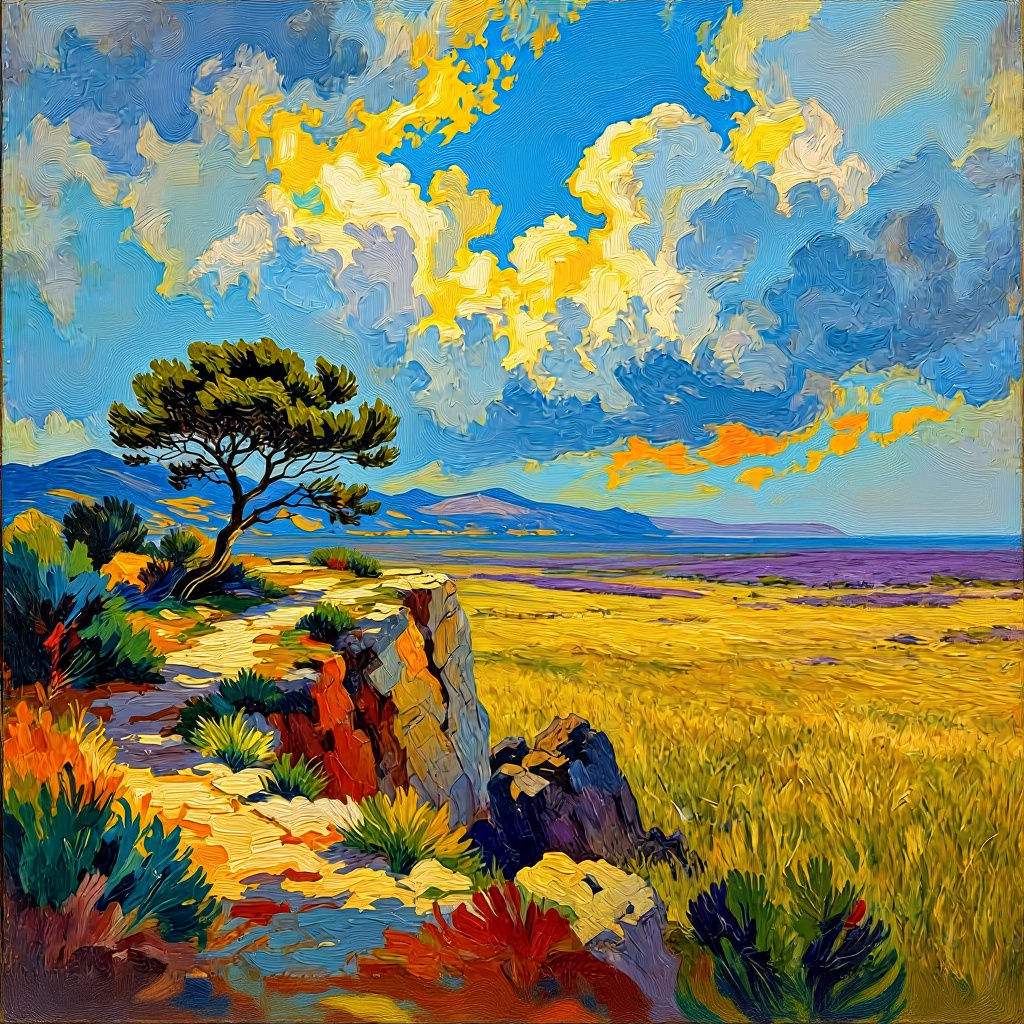 Ancient Cypress Tree on Windswept Cliff in Provence