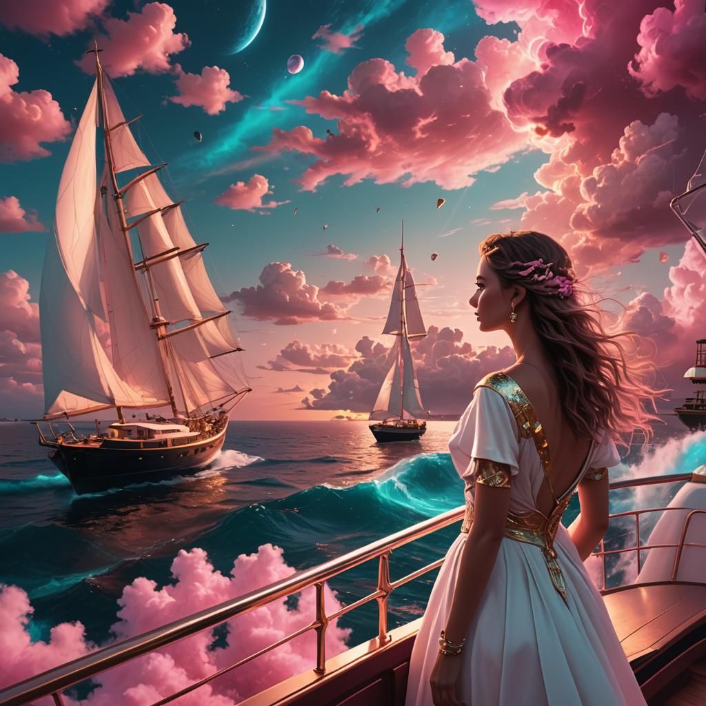 Girl Watches Yacht in Cosmic Pink Sky