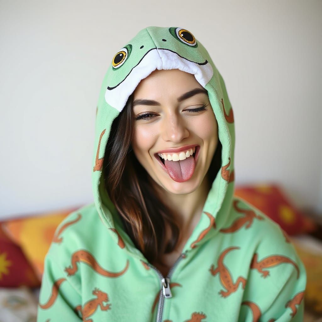 Playful Gecko Woman Portrait in Vibrant Colors