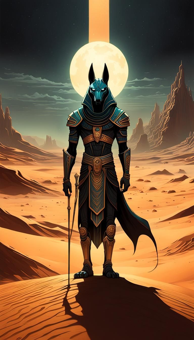 Anubis in Martian Desert: Dark Fantasy Art Nouveau