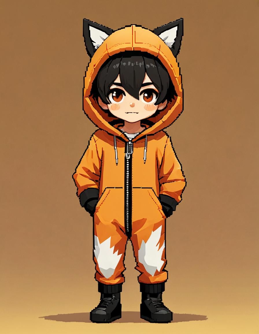 Pixel Art: Boy in Fox Onesie on Yellow Background
