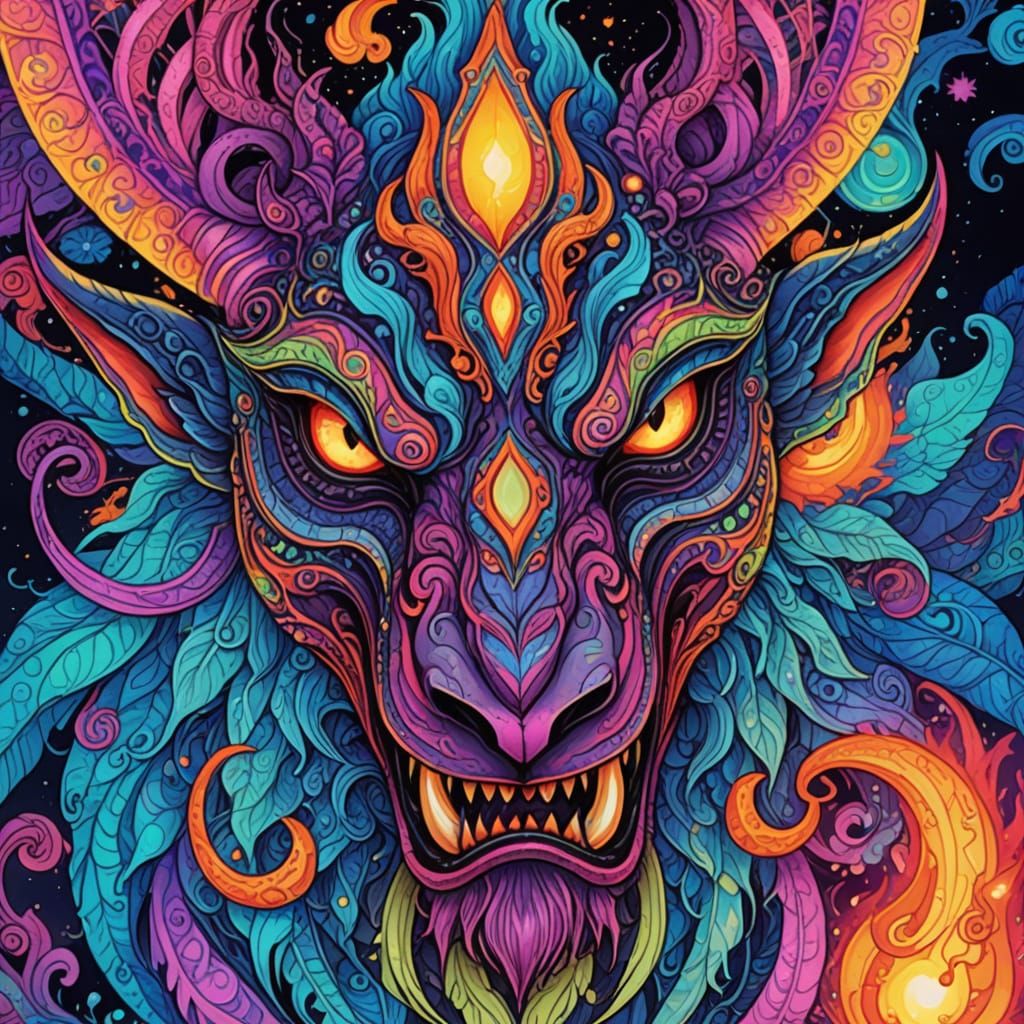Psychedelic Demon Portrait with Animalistic Features