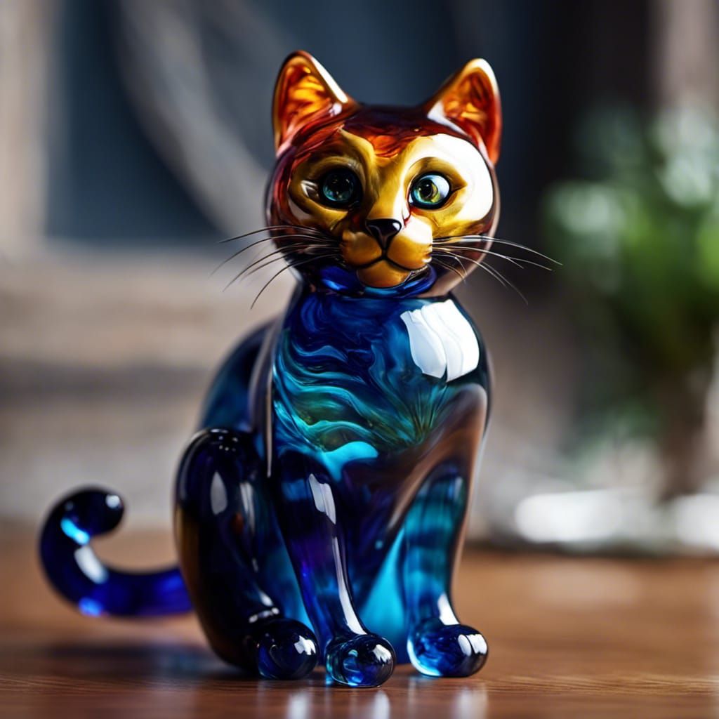 Blown Glass Cat Sculpture: Intricate Oil Painting