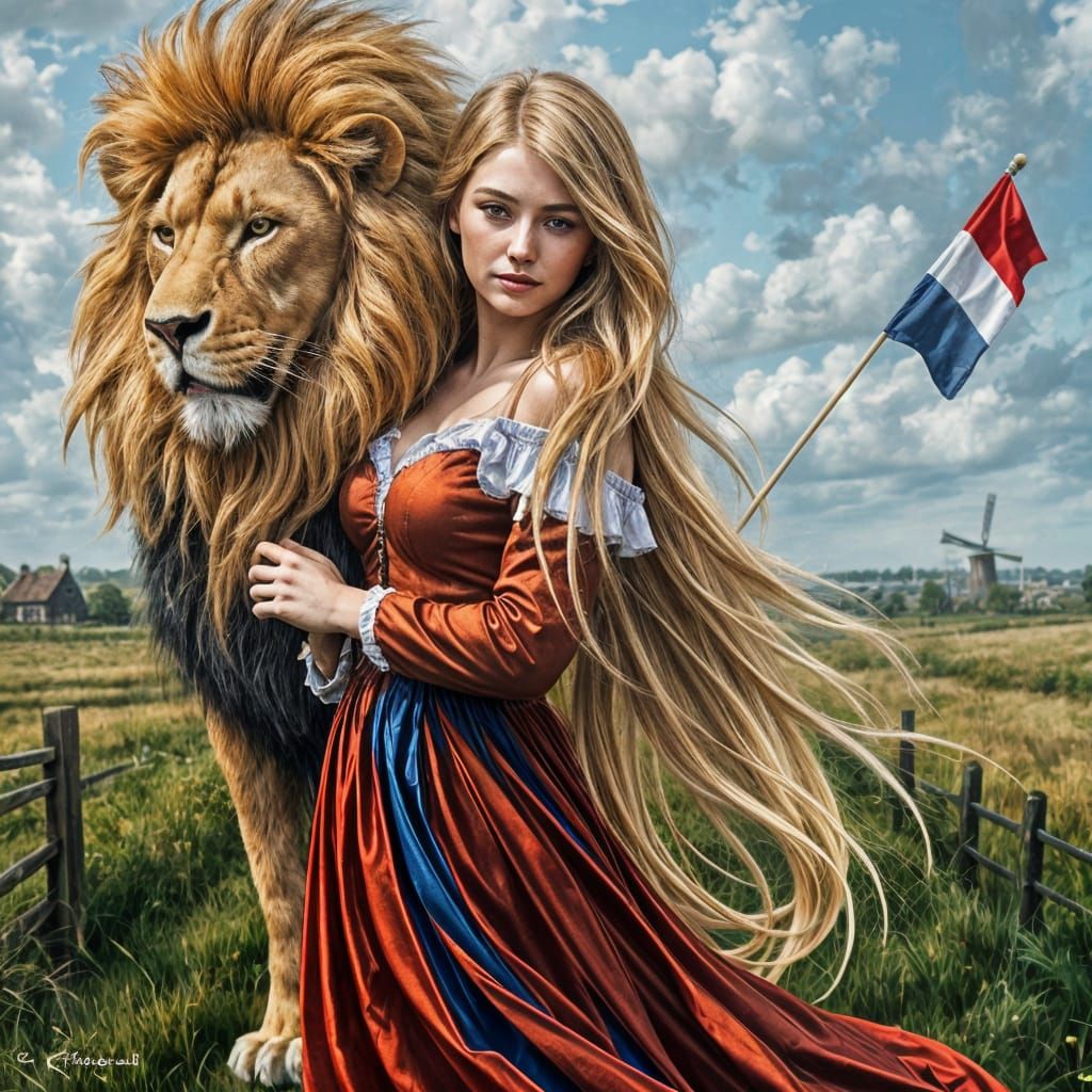 A Regal Lion and Dutch Beauty in a Dreamlike Windy Landscape