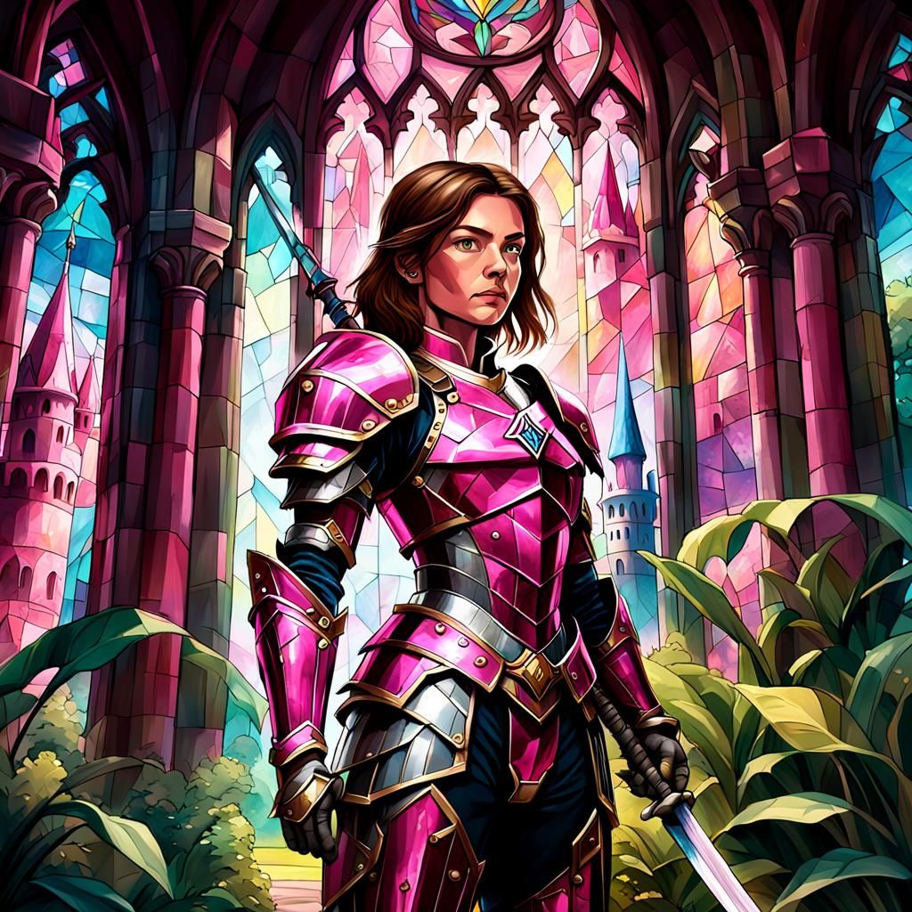 Pink Armored Warrior in Fantasy Landscape, Digital Art