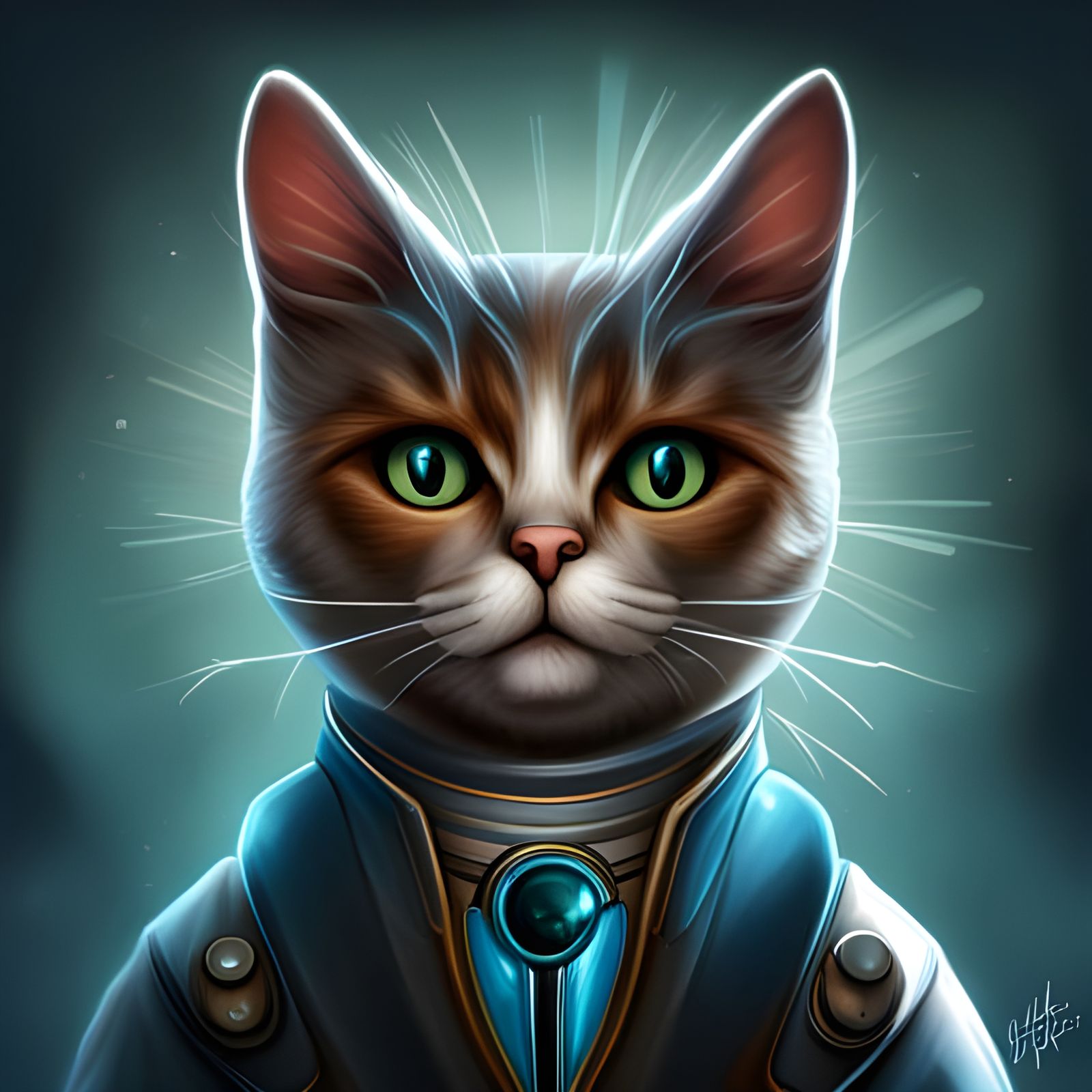 Metallic Cat Portrait in Retrofuturistic Atompunk Style