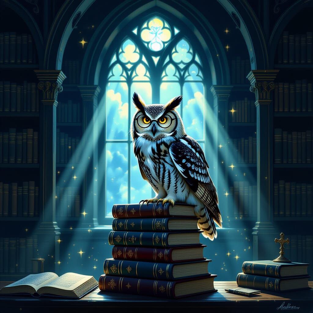 Wise Owl Scholar in Mystical Library