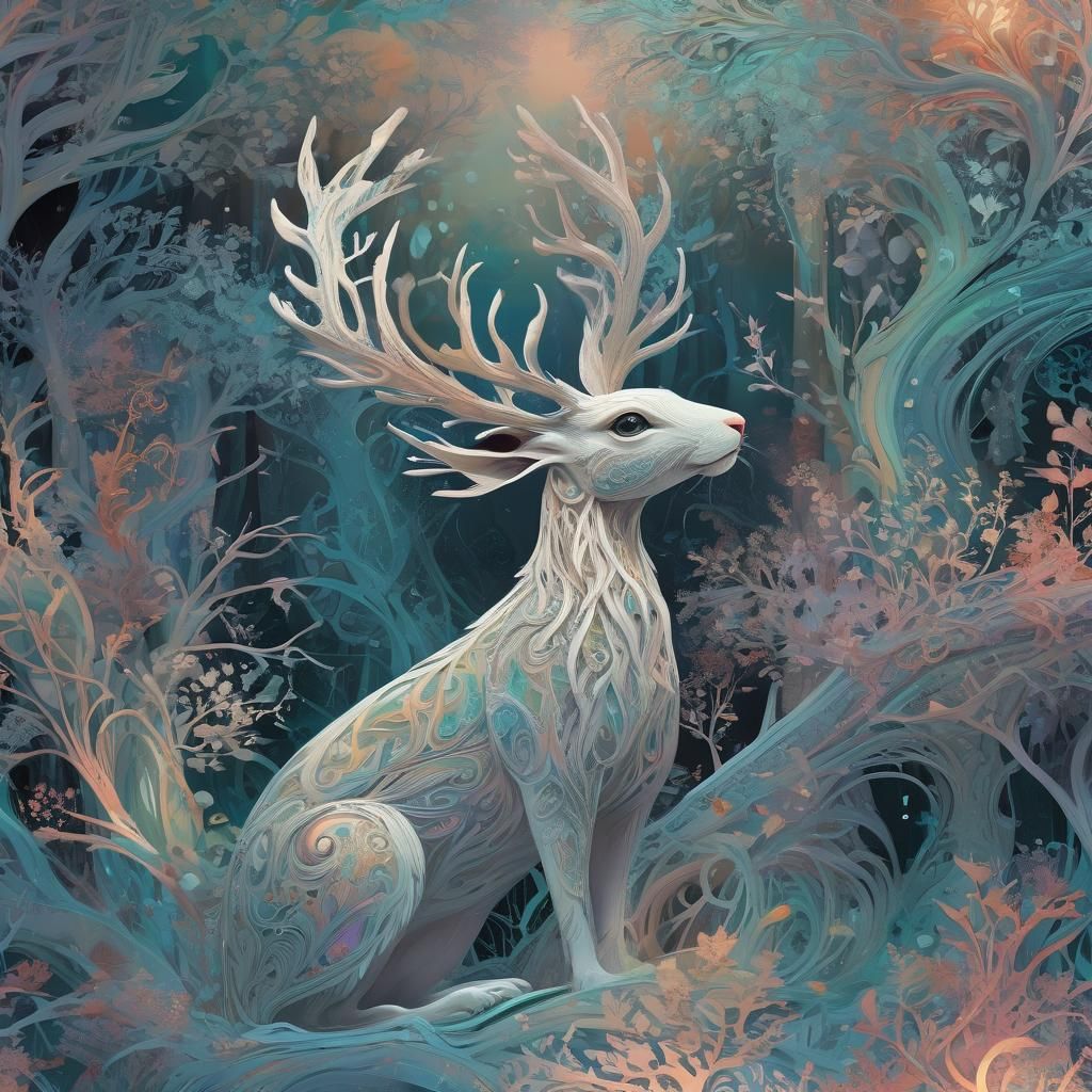 Celtic Jackalope in Mystical Forest, Fractal Art