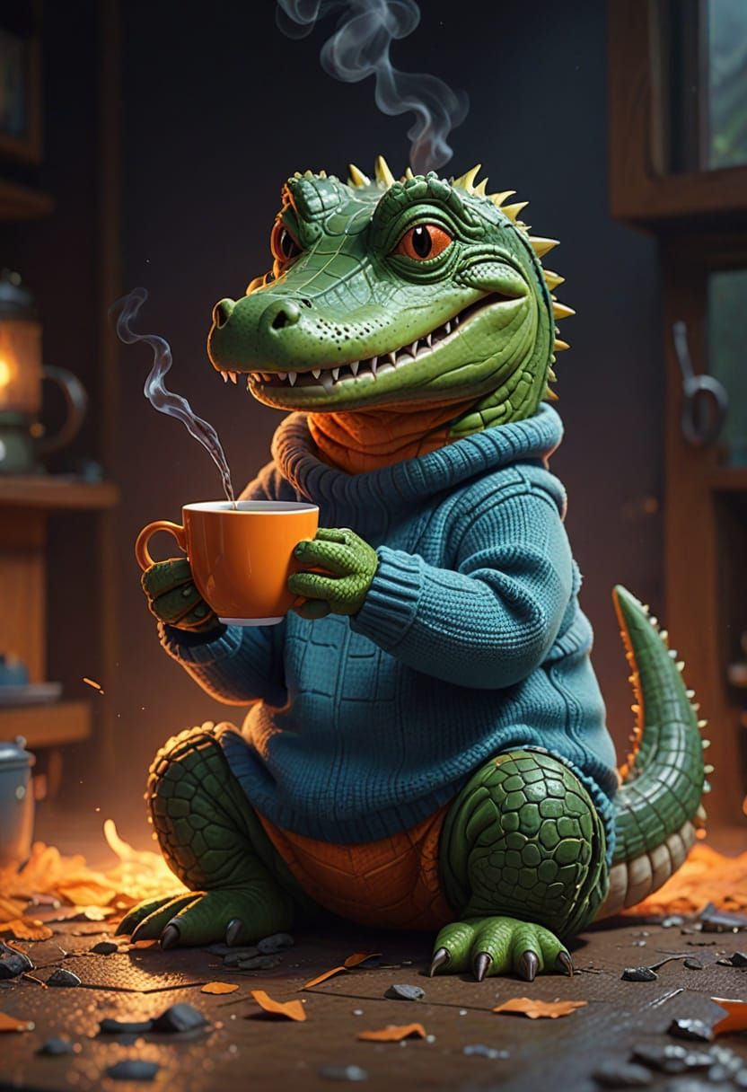 Happy Crocodile Sipping Tea: A Pixar-Style 3D Render