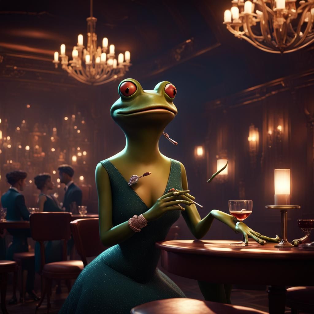 Frog Jazz Singer in Romantic Club, Detailed Matte Painting