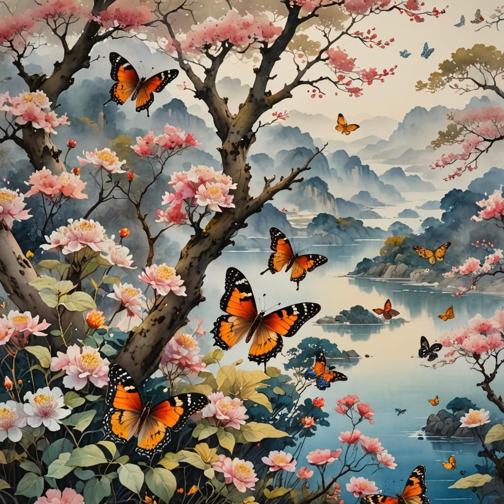Watercolor Butterflies by Water: Ink Painting Style