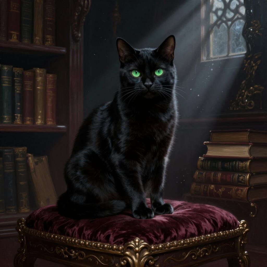 Regal Black Cat with Emerald Eyes in Dark Fantasy Style